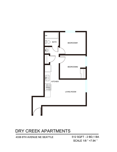 Floor plan for 2 beds, 1 bath, 512 sqft